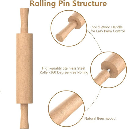 Classic Wooden Rolling Pin with Handle and Pastry Mat for Fondant, Pizza, Pies, Cookies, Rolling Pin for Baking with 3 Multi-Color Thickness Rings, 17" x 2.5" Natural Beechwood - Image 5