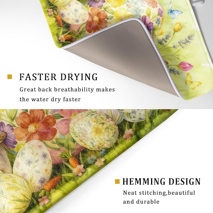 Easter Egg Dish Drying Mat 18x24 Inch Bunny Floral Green Drying Pad for Kitchen Counter Washable - Image 3