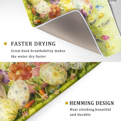 Easter Egg Dish Drying Mat 18x24 Inch Bunny Floral Green Drying Pad for Kitchen Counter Washable - Image 3