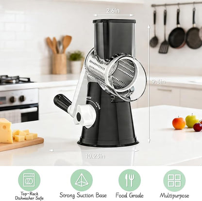 Ourokhome Rotary Cheese Grater Hand Crank, Kitchen Shredder Speed Mandolin Slicer Nuts Grinder with Handle and Drum Blades for Cheese, Vegetable, Walnut, Chocolate, Potato, Carrot, 3 Blades, Black - Image 7