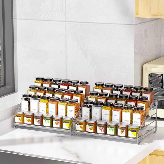 BOIVSHI 4 Tier Spice Rack Organizer for Cabinet, Spice Rack Organizer, Depth Adjustable Spice Organizer for Cabinet, Countertop, Cupboard, Pantry, Seasoning Shelf, Metal, Gray (2 Pack) - Image 2