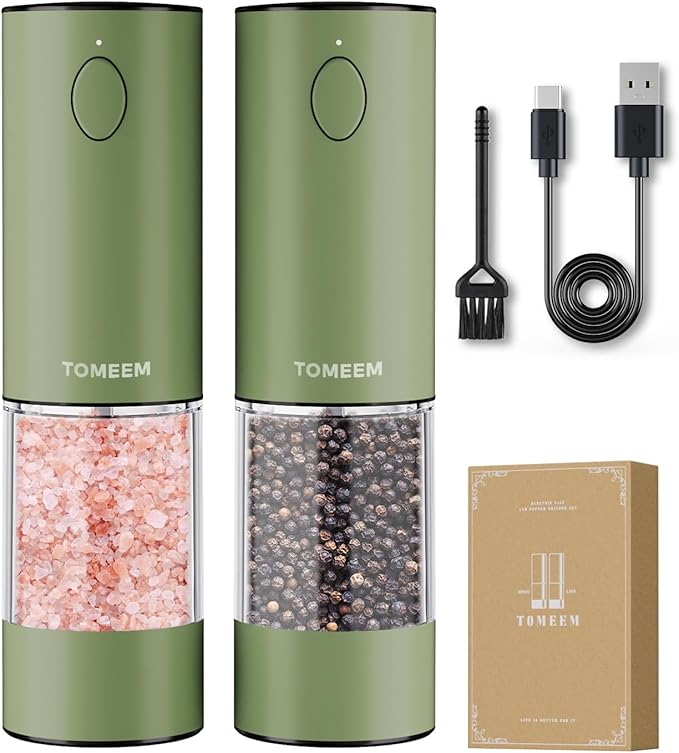 TOMEEM Upgraded Larger Capacity Electric Salt and Pepper Grinder Set Rechargeable with LED lights, Stainless Steel Automatic Pepper and Salt Grinder Refillable with 5 Adjustable Coarseness Green by Tomeem