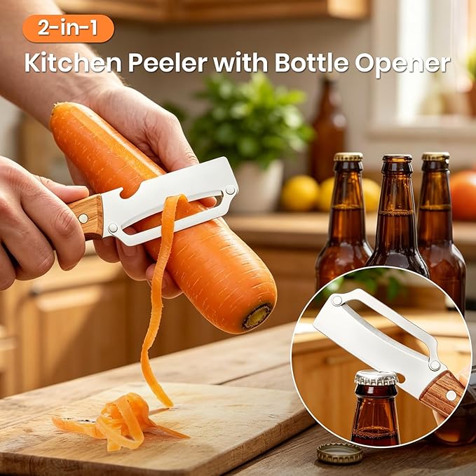 Multi-Functional Vegetable Peeler for Kitchen, 2-in-1 Stainless Steel Kitchen Tool with Bottle Opener and Wooden Handle Stainless Steel Blade for Fruit Apple Carrot Papaya Potato Pumpkin (2PCS)