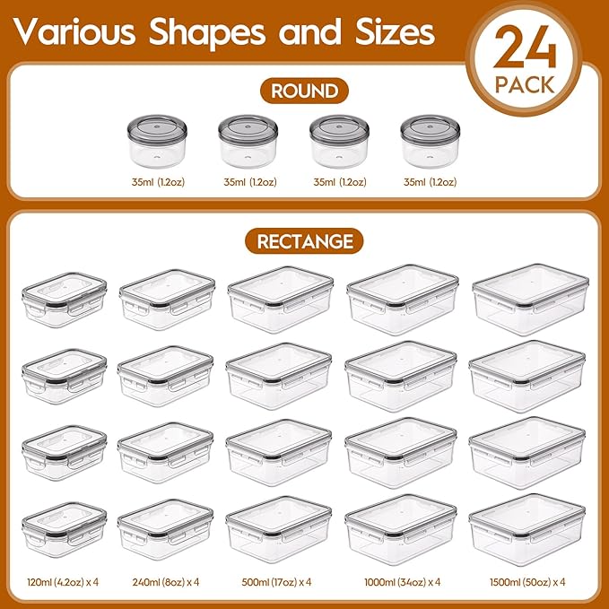 48 PCS Food Storage Containers with Lids Airtight (24 Containers & 24 Lids), Leak proof Meal Prep Container Set for Kitchen Storage, BPA-free, PVC-free Plastic, Microwave/Dishwasher Safe, Labels & Pen - Image 2
