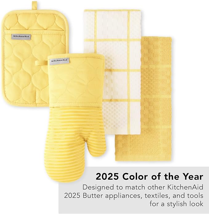 KITCHENAID Quilted Cotton Terry Cloth Oven Mitt, Pot Holder, Kitchen Towel 4-Pack Set, Heat Resistant, Silicone Grip, 16"x26", 7"x13" & 7"x10", Butter Yellow - Image 8