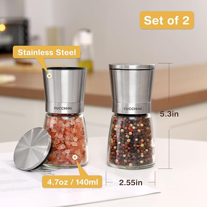 VUCCHINI Salt and Pepper Grinder Set - Adjustable Stainless Steel Spice Ceramic Grinders Mill Shaker for Kitchen Table - Stainless Steel color - Image 4