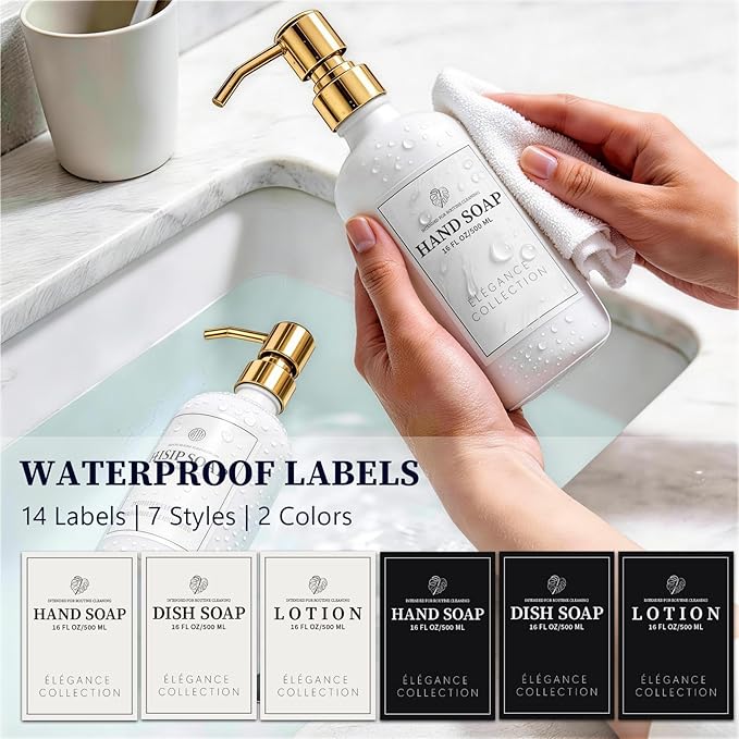 White Glass Soap Dispenser Set of 2, 16oz Hand and Dish Soap Dispenser for Kitchen & Bathroom, Gold Stainless Steel Pump, Non-Slip Base, 14 Waterproof Labels, Contemporary Style - Image 3