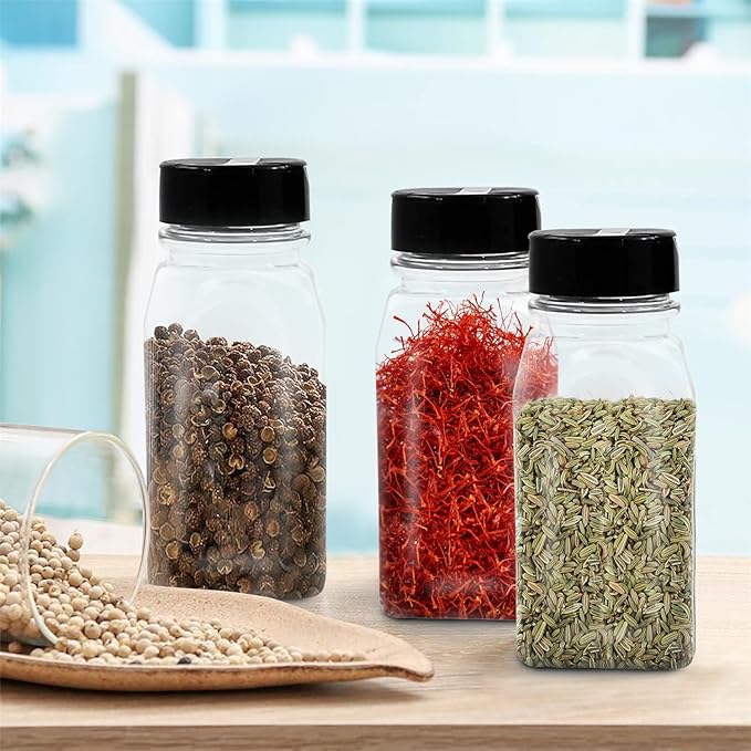 RoyalHouse - 6 Pack 14 Oz Plastic Spice Jars with Black Cap, Clear and Safe Plastic Bottle Containers with Shaker Lids for Storing Spice, Herbs and Seasoning Powders, BPA Free, Made in USA - Image 5