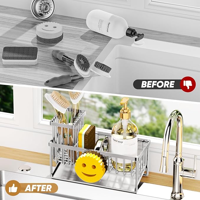 Sponge Holder for Kitchen Sink,Smiley Face Sink Caddy with Removable Brush Holder,Self-Draining Sponge Caddy for Soap,Dish Brush,Scrubber,Kitchen Essentials and Gadgets-Silver - Image 6