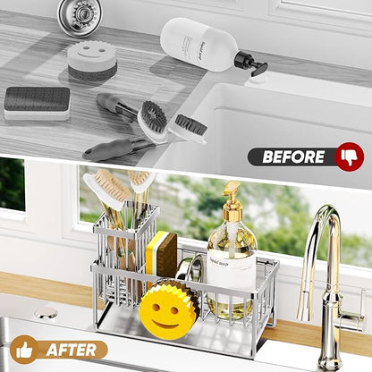 Sponge Holder for Kitchen Sink,Smiley Face Sink Caddy with Removable Brush Holder,Self-Draining Sponge Caddy for Soap,Dish Brush,Scrubber,Kitchen Essentials and Gadgets-Silver - Image 6