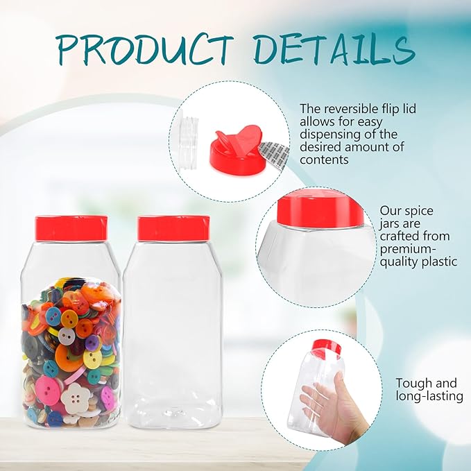 34 Pack 16 oz Plastic Spice Jars with Cap Clear Empty Square Bottle With flip lid Reusable Spice Bottle Large Seasoning Jars Powder Storage Container for Storing Seasoning Powders Supplies(Red) - Image 3