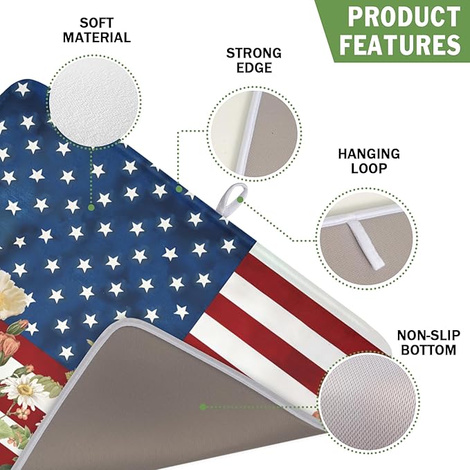 4th of July Dish Drying Mat 18x16 Inch, Patriotic Drying Mat with Absorbent Reversible Microfiber, Independence Day Dish Drainer Mats Memorial Day Rack Pad for Coffee Countertop Kitchen Protector