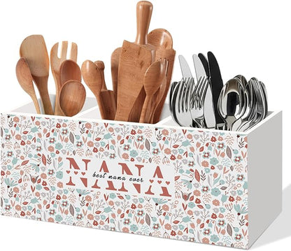 Best Nana Ever Gifts Kitchen Utensil Holder, Mothers Day Birthday Gift for Grandma from Grandkids, Grandma Gifts for Mimi Gigi, Nana Gift Floral Wooden Cooking Utensil Pencil Holders
