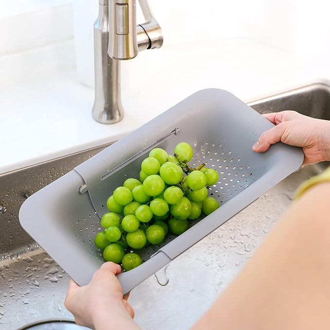 BLUE GINKGO Over the Sink Colander Strainer Basket - Wash Vegetables and Fruits, Drain Cooked Pasta and Dry Dishes - Extendable - New Home Kitchen Essentials (Grey, 1 Pack) - Image 7