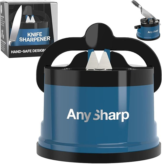 AnySharp – Global – Hands Free Knife Sharpener - Easy to Use Sharpening Tool with PowerGrip Suction Base and 20-Degree Pre-Set Angle - for All Knives: Chef's, Serrated, and Hardened Steel - Blue by AnySharp