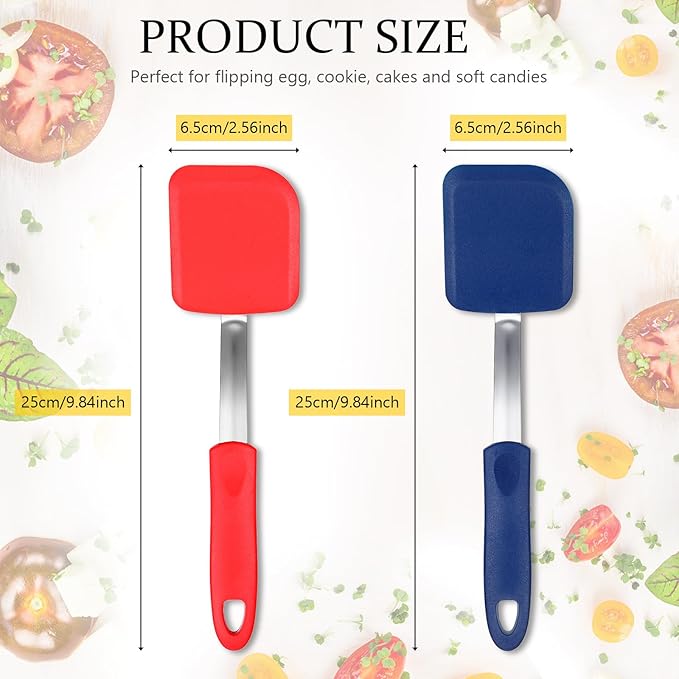 Silicone Cookie Spatula Turner 2 Pack Mini Brownie Spatula Flexible Kitchen Small Silicone Turner for Nonstick Cookware Heat Resistant No Scratch Flipper for Egg Pancake(Red,Blue) - Image 2