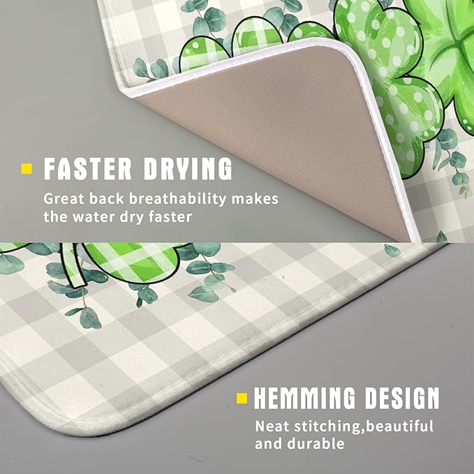 Giwawa Patrick Dish Drying Mat for Kitchen Green Clovers Grey Buffalo Plaids Dish Drainer Mats 16x18inch Spring Leaf Dish Drying Rack Pad Protector for Countertop Dining Holiday Decor
