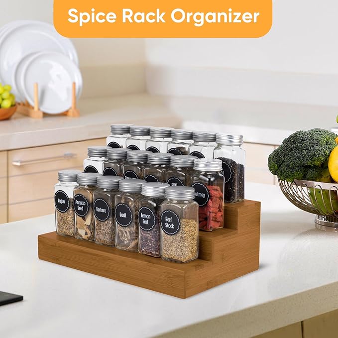Bamboo Spice Rack Organizer for Cabinet 2 Pack - 3 Tier Countertop Step Shelf, Seasoning Storage Stand for Kitchen Pantry, Spice Holder for Jars Bottles Cans (Brown) - Image 4