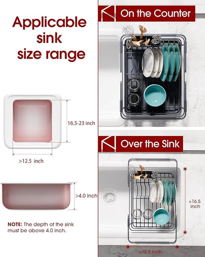 Sakugi Extendable Dish Drying Rack Over Sink with Dish Drainer, Sink Organization and Storage Essentials with Silverware & Utensil Holder, Home and Apartment Decor, 12" W x 16.1~23" L, Gray - Image 2