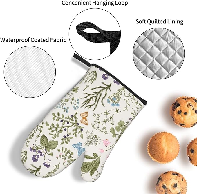 Vintage Floral Oven Mitts and Pot Holders Sets of 3 Cute Botanic Hot Pads Herbs and Wild Flowers Oven Gloves Heat Resistant Washable for Kitchen Cooking Grilling Baking - Image 5