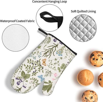 Vintage Floral Oven Mitts and Pot Holders Sets of 3 Cute Botanic Hot Pads Herbs and Wild Flowers Oven Gloves Heat Resistant Washable for Kitchen Cooking Grilling Baking - Image 5