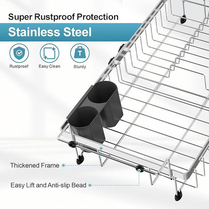 GSlife Dish Drying Rack Over the Sink - Expandable Stainless Steel Heavy Duty Dish Drainer for Small Kitchen Apartment, Space Saving Sink Rack with Secure Lock Knob and Utensil Holder, Silver