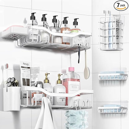 NESOMI Shower Caddy Adhesive Shower Organizer 7-Pack, Rustproof Stainless Steel Bathroom Shelves, Large Capacity No-Drill Rack Storage Accessories with Soap Dish Toothbrush Holder Hooks by OrganizeYourHomeEssentials