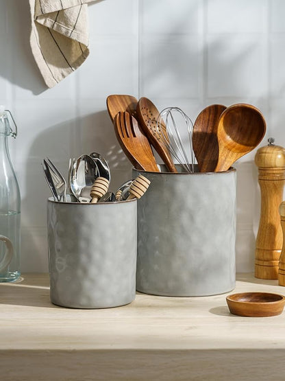 famiware Ocean Utensil Holder, 7.2"+5.8" Ceramic Kitchen Utensil Holder for Countertop, 2 Pieces Cooking Utensil Crocks, Utensil Organizer for Spatula & Spoon, Kitchen Decor, Set of 2, Gray - Image 8