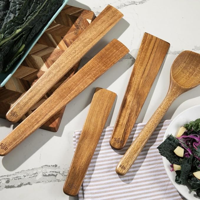 SLATE & ROYCE 5-Piece Acacia Wood Utensil Set, Non-Toxic Wooden Kitchen Tools with Tapered Edges, Heat-Resistant, For Non-Stick Frying Pan, Cast Iron Skillet, Flat Spatulas, Scraper & Spoon Set
