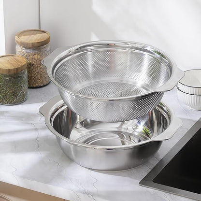 Colander for Kitchen Microporous, 5QT Strainer with Mixing Bowl Large Capacity, Stainless Steel Colander with Handle for Washing Vegetables, Fruit, Rice and Draining Cooked Pasta(2PC)