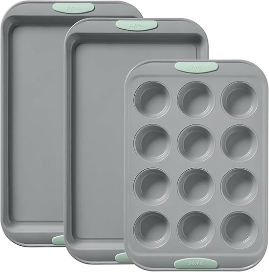 Pyrex 3-Piece Metal Cookie & Muffin Sheet Bakeware Set, Lightweight Stainless Steel Baking Trays with Heatsafe Silicone Handles, Cookie Muffin Sheet Baking Pan, Sage
