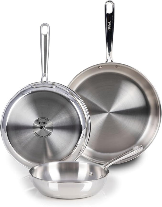T-Fal Pro Tri-Ply Stainless Steel Cookware Set, 3-Piece Induction Cookware, Oven Safe 500F, Fast & Even Heat, Professional Quality, Durable Pots and Pans Set, Fry Pan, Silver by T-falbrand