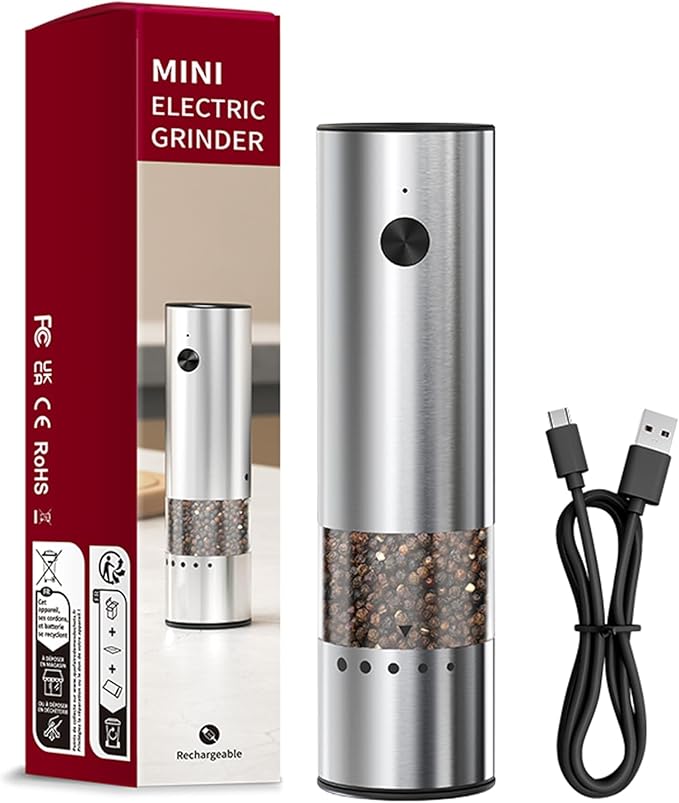 Mini Electric Salt and Pepper Grinder Stainless steel, USB Rechargeable, Small Automatic Salt Pepper Mill Grinder, Travel/Outdoor BBQ/Children, One-Button Control,External Adjustable Coarseness