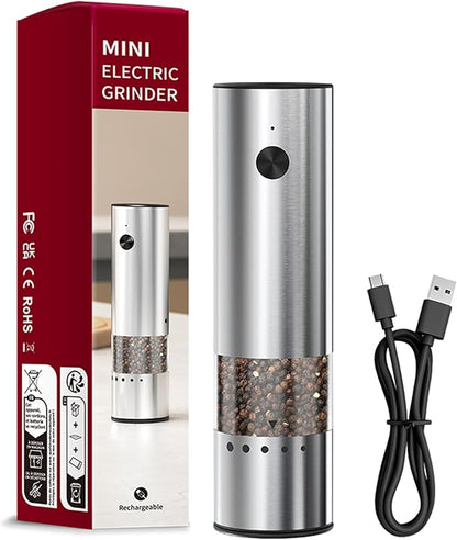 Mini Electric Salt and Pepper Grinder Stainless steel, USB Rechargeable, Small Automatic Salt Pepper Mill Grinder, Travel/Outdoor BBQ/Children, One-Button Control,External Adjustable Coarseness