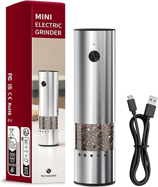 Mini Electric Salt and Pepper Grinder Stainless steel, USB Rechargeable, Small Automatic Salt Pepper Mill Grinder, Travel/Outdoor BBQ/Children, One-Button Control,External Adjustable Coarseness