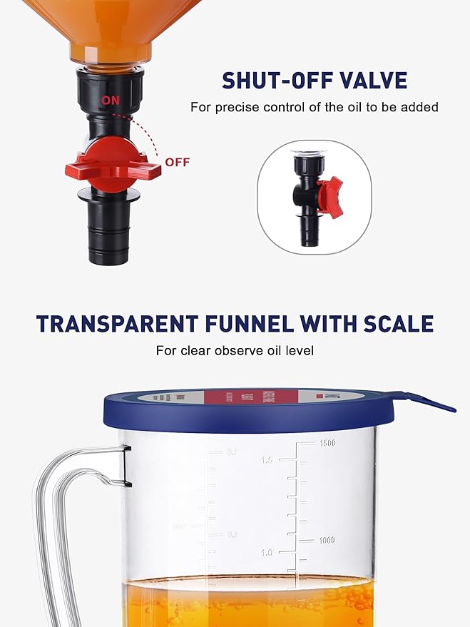 SMART JERRY - Spill-Proof Engine Oil Funnel Kit｜Oil Change Funnel w/ 12 Adapters & 2 Magnetic Adapter Organizer Boards｜Transparent Body w/Scale & Shut-Off Valve｜Universal Fit - Image 5