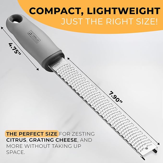Orblue Lemon Zester & Cheese Grater - Premium Citrus Zester, Kitchen Grater for Parmesan, Chocolate, Fruits, Vegetables, Ginger, Garlic, Nutmeg - Stainless Steel Blades with Protective Cover, Gray - Image 2