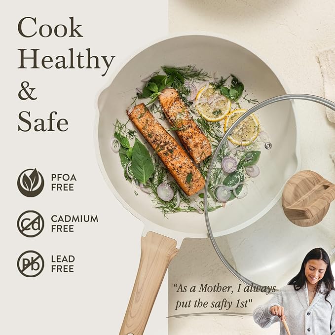 CAROTE 12Inch Nonstick Deep Frying Pan with Lid, 5.5 Qt Jumbo Cooker Saute Pan with Pour Spout, Skillet Induction Cookware, Non Stick Cooking Pan Kitchen Pan PFOA Free, White Granite - Image 5