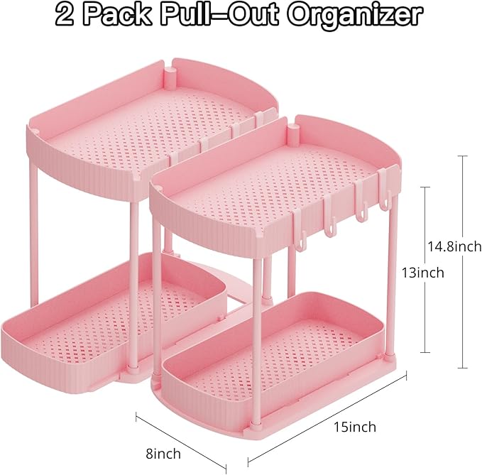 Ukeetap 2 Pack Multi-Purpose Pull-Out Storage Organizers, Under Sink Organizers and Storage for Bathroom & Kitchen, Under Cabinet Organizers and storage, 14.8 Inch, Pink - Image 2