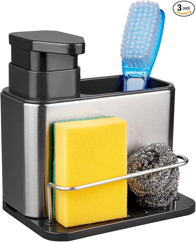 RedCall Soap Dispenser for Kitchen Sink, 3-in-1 Sponge Holder for Kitchen Sink Caddy, Stainless Steel Kitchen Sink Organizer Tray Drainer Rack, Rustproof Dish Soap Dispenser Brush Holder Countertop by RedCall