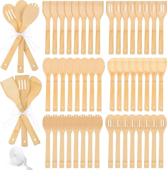 Reallnaive 72 Pcs Bamboo Spatula Wooden Kitchen Utensil Bulk 12''wood Spoon Spatula for Cooking with Ribbon Bridal Baby Shower Game Prize Wedding Party Favors Housewarming Gift (Various Style)