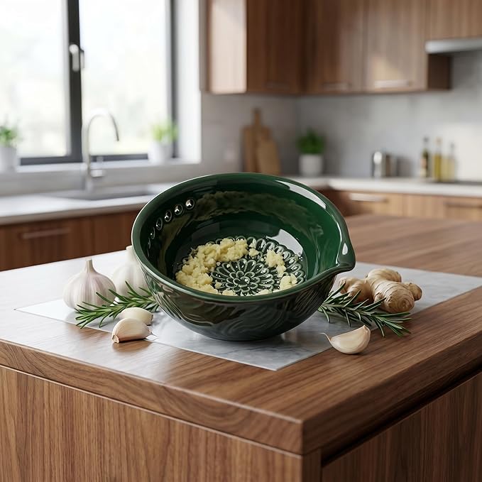 Ceramic Grater Bowl with Herb Stripper & Cleaning Brush, 3-in-1 Kitchen Tool for Garlic, Ginger & Vegetables, Easy to Clean Stripping Bowl for Kale, Rosemary, Thyme, and Basil, Dishwasher Safe-Green