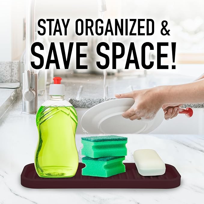 Zulay Kitchen (9x3.5) Silicone Sponge Holder for Kitchen Sink - Flexible Multipurpose Soap Tray - Sink Organizer for Kitchen, Bathroom, Makeup, Trinkets & More (Dark Mahogany) - Image 6