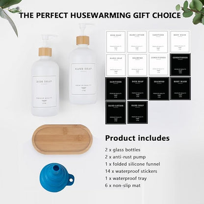 White Glass Soap Dispenser - Hand Dish Soap Dispenser Set for Kitchen, Bathroom with Sturdy Pump and Tray, 14 Waterproof Labels,Refillable Soap Lotion Dispenser-White