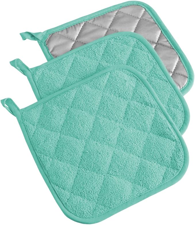 DII Basic Terry Collection Quilted 100% Cotton, Potholder, Aqua, 3 Piece by DII