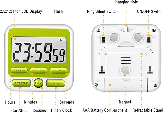 KTKUDY Digital Kitchen Timer with Mute/Loud Alarm Switch ON/Off Switch, 12 Hour Clock & Alarm, Memory Function Count Up & Count Down for Kids Teachers Cooking, Large LCD Display, Strong Magnet (Green) - Image 7