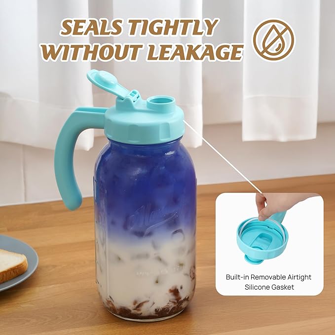Soligt Glass Mason Jar Pitcher with Lid, Wide Mouth Flip Cap Pour Spout Leak-proof Lid with Handle, 64 oz (2 Quart / 1.9 Liter), for Iced Coffee/Sun Tea Juice/Cold Brew Coffee/Milk (1Pack, Baby Blue)