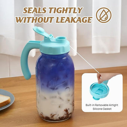 Soligt Glass Mason Jar Pitcher with Lid, Wide Mouth Flip Cap Pour Spout Leak-proof Lid with Handle, 64 oz (2 Quart / 1.9 Liter), for Iced Coffee/Sun Tea Juice/Cold Brew Coffee/Milk (1Pack, Baby Blue)