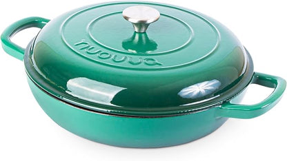 Shallow Cast Iron Casserole with Lid – Non Stick Dutch Oven Pot, Oven Safe up to 500° F – Sturdy Ovenproof Stockpot Cookware – Enamelled Cooking Pot – Dark Green, 3L, 30cm – by Nuovva