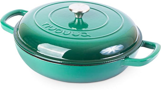 Shallow Cast Iron Casserole with Lid – Non Stick Dutch Oven Pot, Oven Safe up to 500° F – Sturdy Ovenproof Stockpot Cookware – Enamelled Cooking Pot – Dark Green, 3L, 30cm – by Nuovva